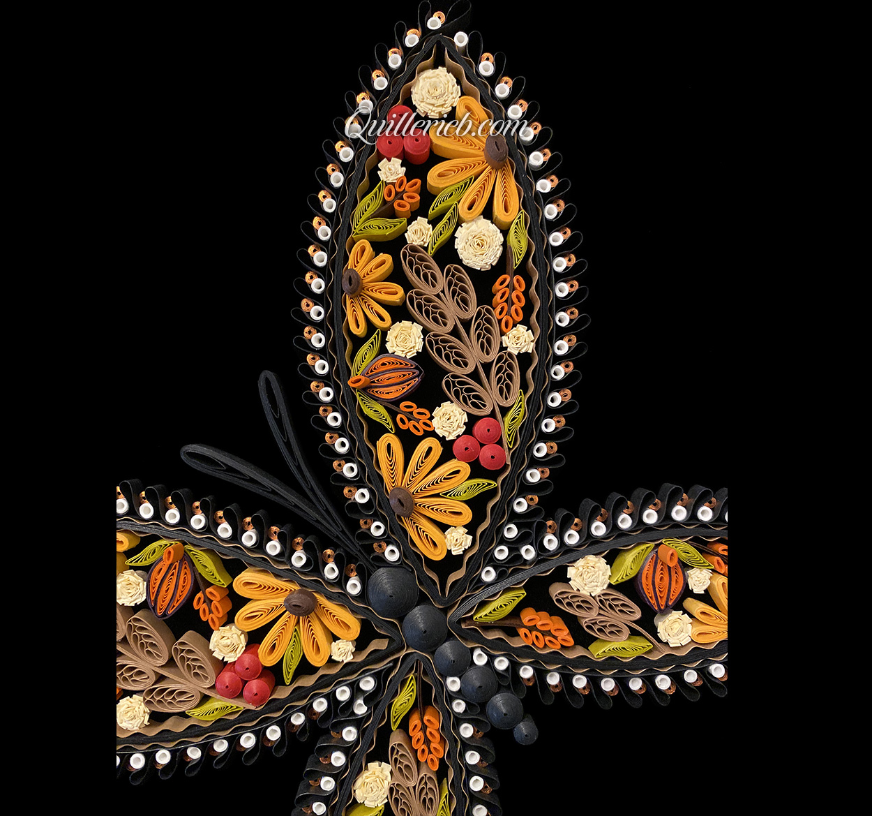 8-pointed quilling star in white, snowflake design full view.