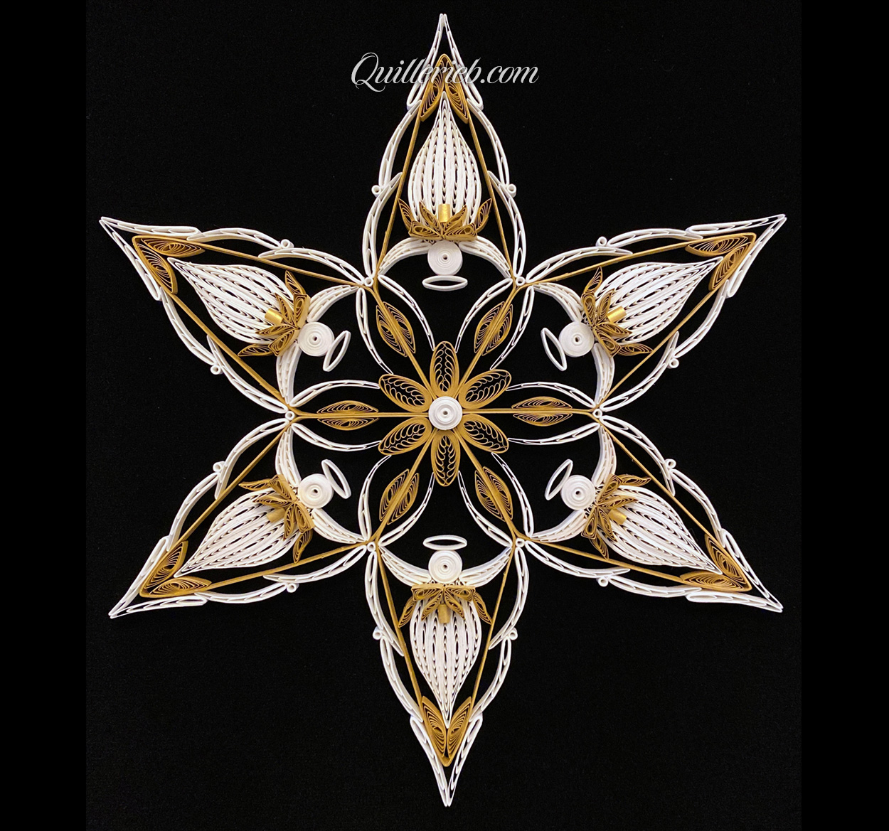 6-Point Star quilling design in white with elements of brown tones full view.